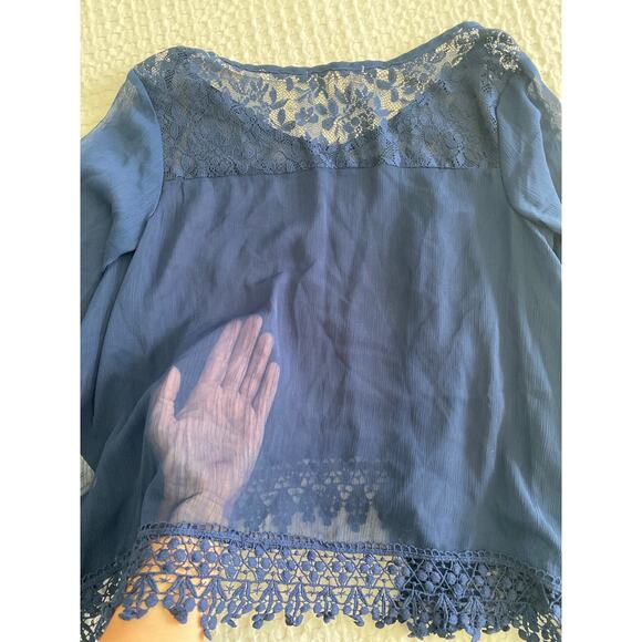 Rewind Navy Blue Semi-Sheer Lace Crochet Long Sleeve Loose Fit Blouse Sz Small - Picture 11 of 11